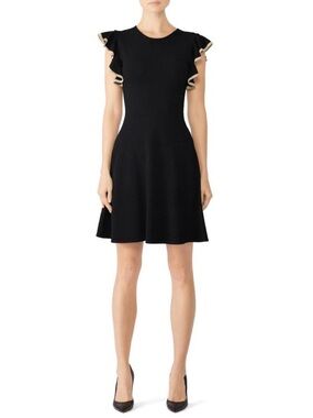 Shoshanna Saya Black Knit Ruffle Sleeve Gold Detail Mini Dress